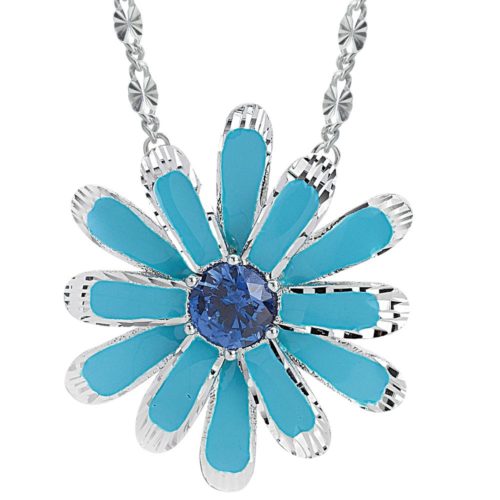 Large daisy necklace in 925 silver, gilded or rhodium-plated, with hand-made enamel and cubic zirconia - ZCL1285