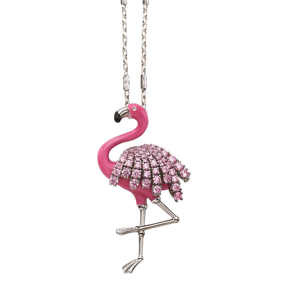 Large flamingo necklace in 925 silver, rhodium-plated, pink enamel, cubic zirconia - ZCL1294-MB
