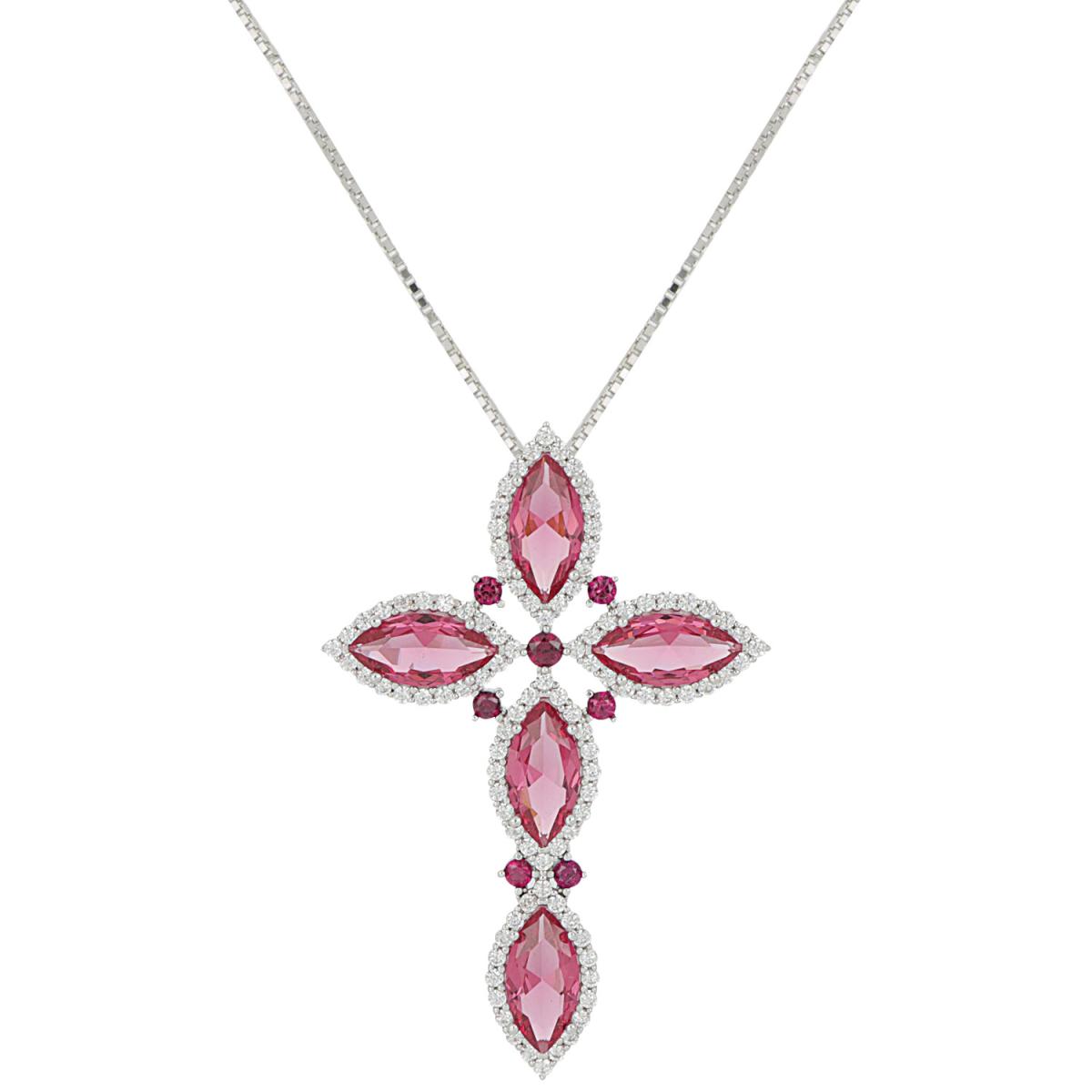 Cross necklace in 925 rhodium-plated silver with zircons and siamites available in various colors - ZCL1406