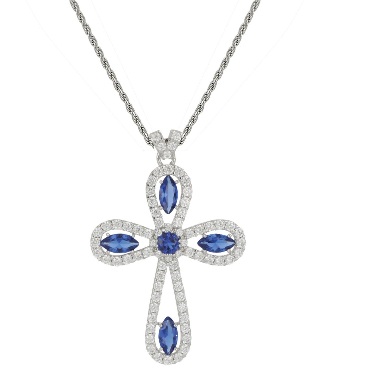 Cross necklace in 925 rhodium-plated silver with zircons and siamites available in various colors - ZCL1408