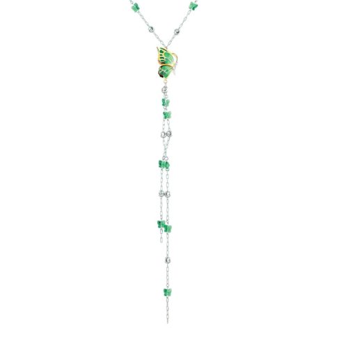 Double face butterfly necklace in rhodium-plated and golden 925 silver, with green hand-made enamel, cubic zirconia and Swarovski - ZCL887-MN