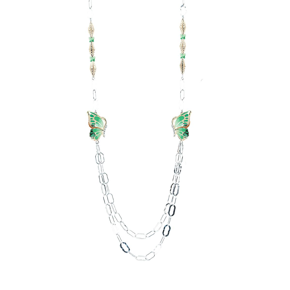 Chanel double face butterflies necklace in rhodium-plated and golden 925 silver, with green hand-made enamel, cubic zirconia and Swarovski - ZCL890-MN