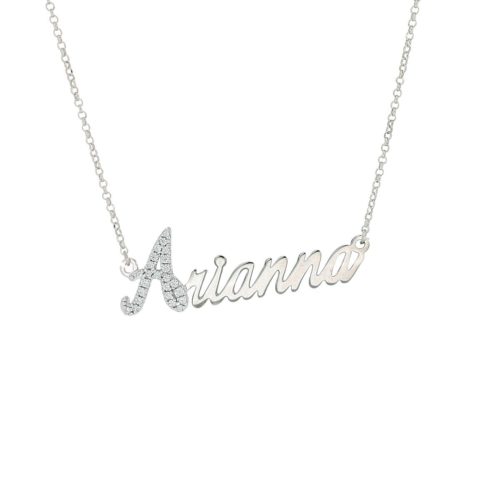 Name Necklace in Rhodium Silver, Initial with Cubic Zirconia Pavé - All Names Available - ZCS9NOME-LB