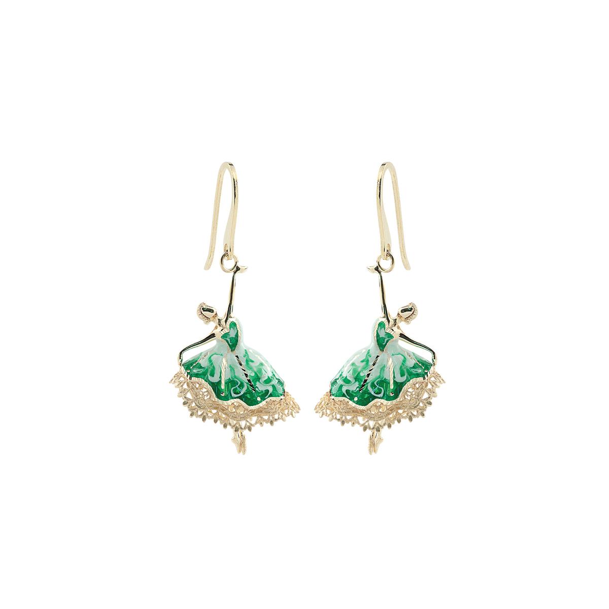 Ballerina earrings in 925 silver, gilded, with green hand made enamel - ZOR1115-MG