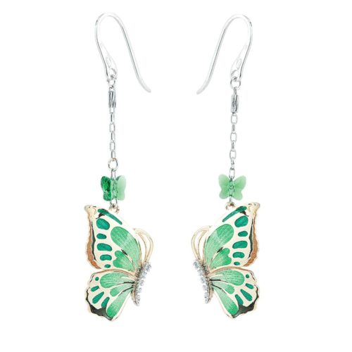 Double face butterfly earrings in 925 silver, rhodium and gold plated, green enamel, cubic zirconia and Swarovski ™ - ZOR995-MN