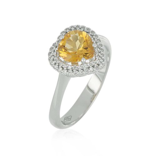 18 kt white gold ring, with heart cut citrine and diamonds - AD658/