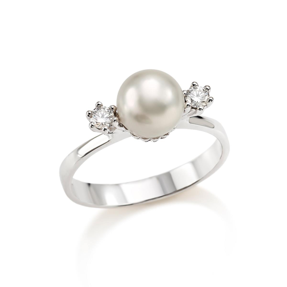 18 kt white gold ring with diamonds and sea pearl 7-7.50 mm - AD375-LB