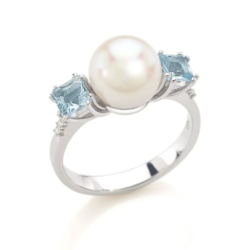 18 kt white gold ring with aquamarine, diamonds and sea pearl 8.50-9mm - AD785/AC-LB