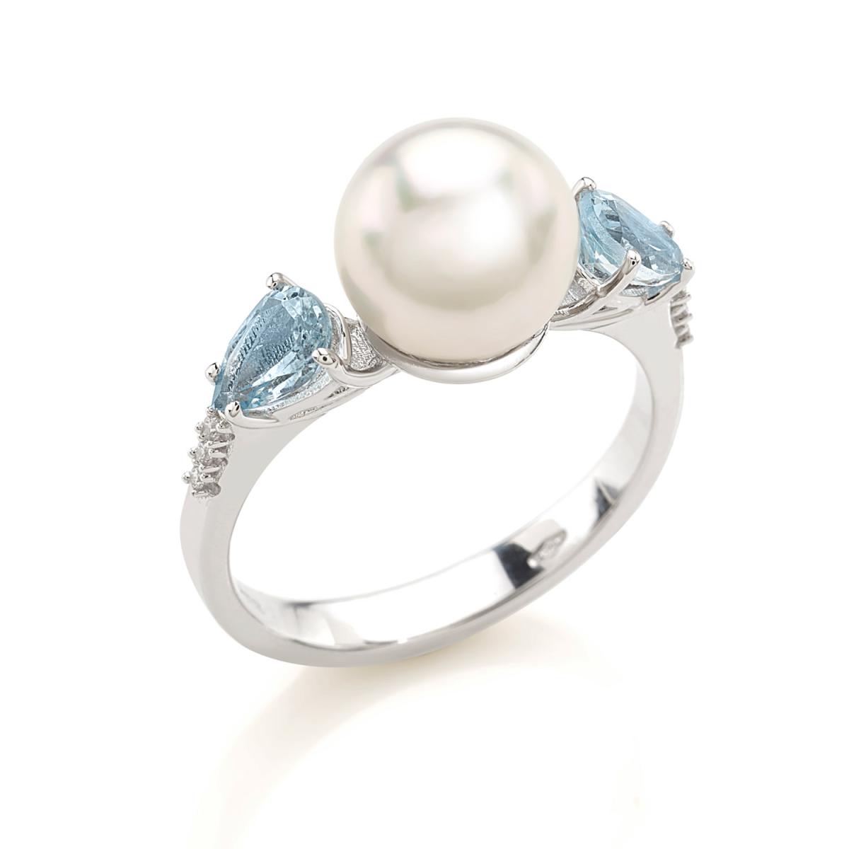 18 kt white gold ring with aquamarine, diamonds and sea pearl 8.50-9mm - AD786/AC-LB