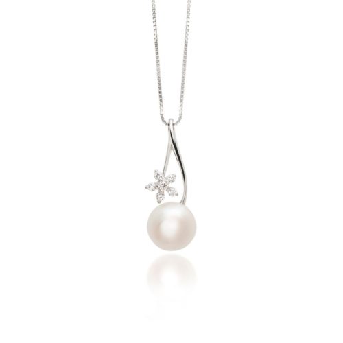 18 kt white gold necklace with star diamonds and 7-7.50 mm sea pearl - CD145-LB