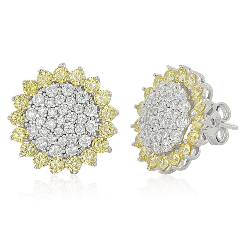 Sunflower earrings in 925 rhodium silver with white and colored zircons pave - ZOR1275